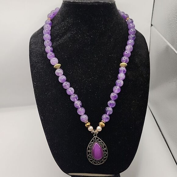 Handmade Repurposed Amethyst and Brass Harmony Necklace - Picture 4 of 7